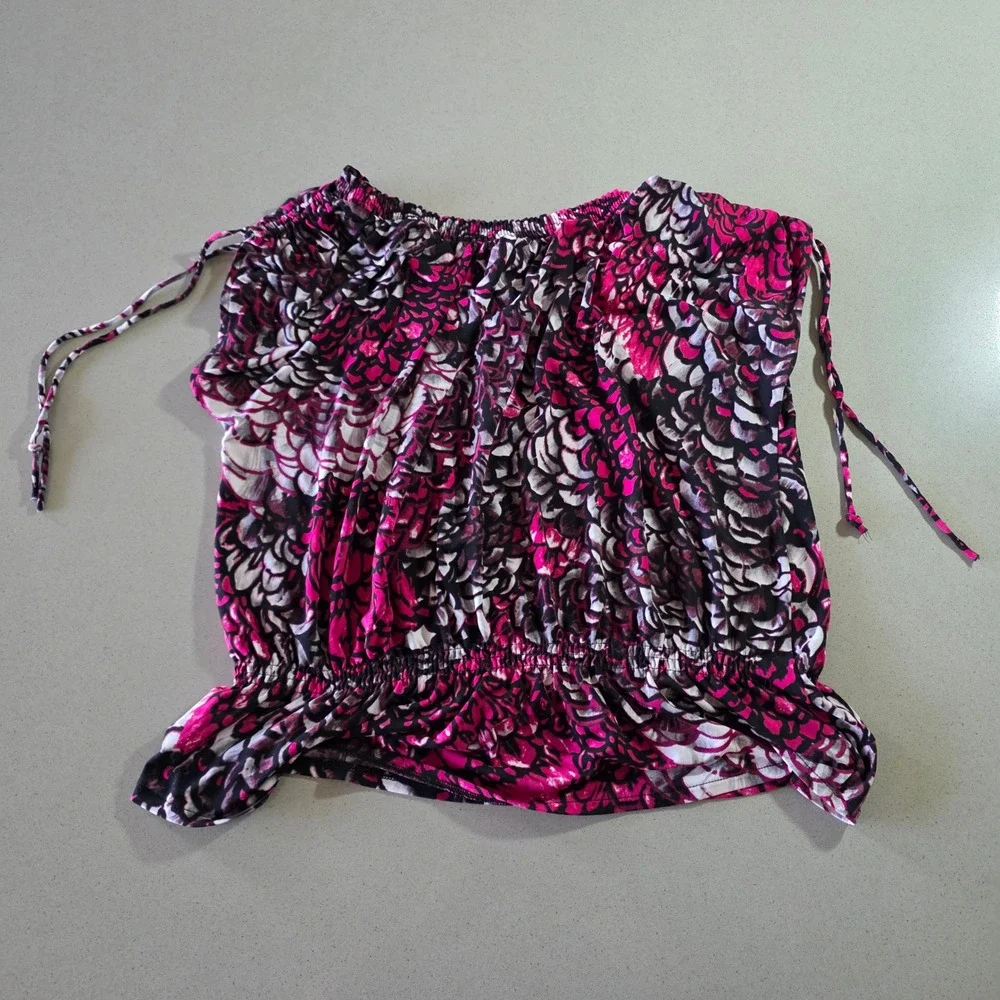 Worthington Stretch‎ Pink Abstract Floral Smocked Blouse XL Off Shoulder Top